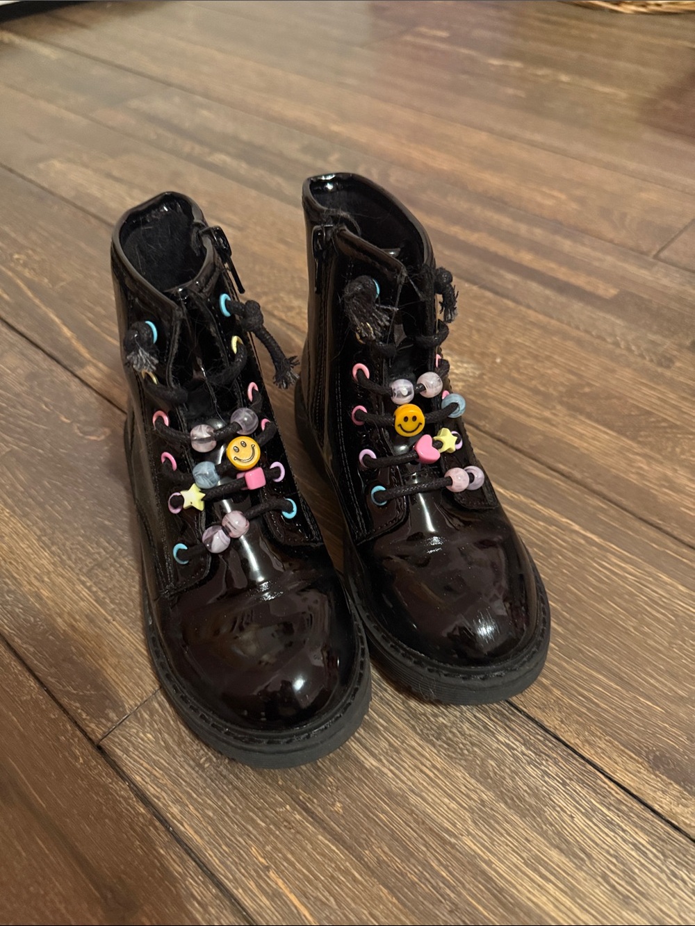 3 for $15 - Kids Black Patent Lace-Up Boots with Colorful Bead Accents